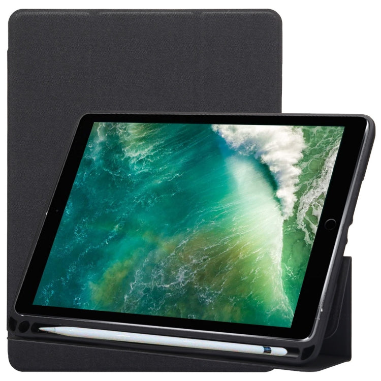 Funda de cuero con tapa horizontal y diseño de textura de tela para iPad Pro de 10,5 pulgadas, con tres pliegues y ranuras para bolígrafos.