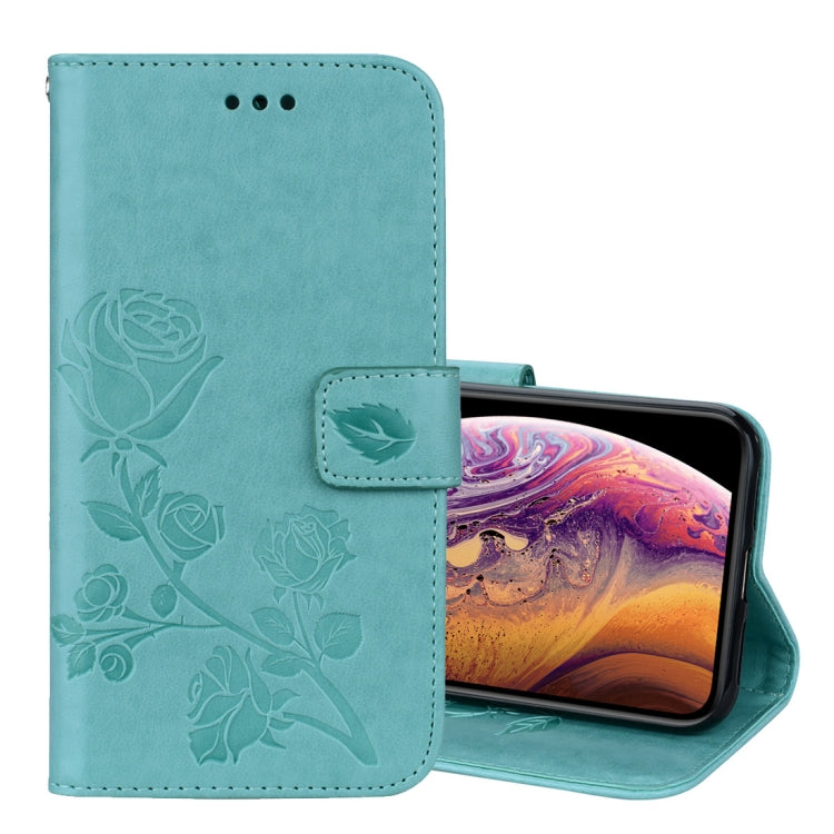 Étui à rabat horizontal en cuir PU pour iPhone XS Max, motif rose gaufré, avec support, emplacements pour cartes et portefeuille.