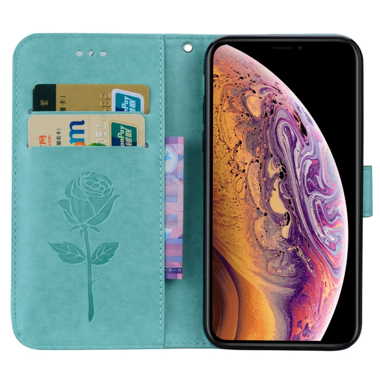 Étui à rabat horizontal en cuir PU pour iPhone XS Max, motif rose gaufré, avec support, emplacements pour cartes et portefeuille.