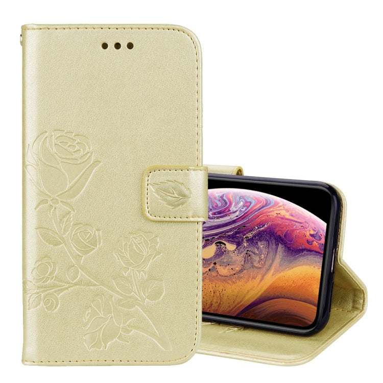 Étui à rabat horizontal en cuir PU pour iPhone XS Max, motif rose gaufré, avec support, emplacements pour cartes et portefeuille.