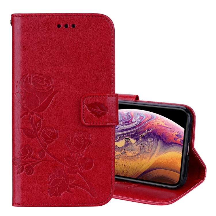 Étui à rabat horizontal en cuir PU pour iPhone XS Max, motif rose gaufré, avec support, emplacements pour cartes et portefeuille.