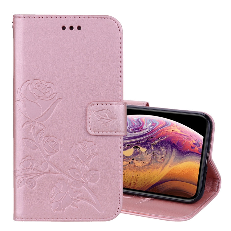 Étui à rabat horizontal en cuir PU pour iPhone XS Max, motif rose gaufré, avec support, emplacements pour cartes et portefeuille.