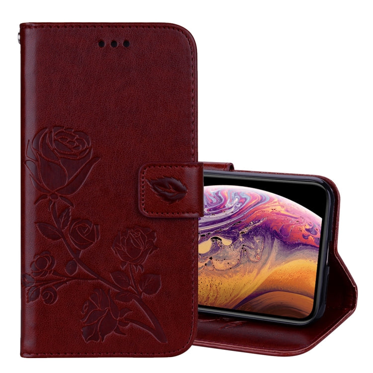 Étui à rabat horizontal en cuir PU pour iPhone XS Max, motif rose gaufré, avec support, emplacements pour cartes et portefeuille.