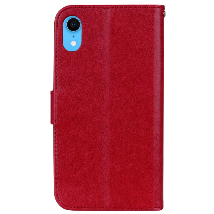Funda de piel sintética con tapa horizontal y diseño en relieve rosa para iPhone XR, con soporte, ranuras para tarjetas y billetera.