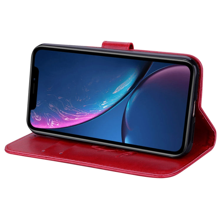 Funda de piel sintética con tapa horizontal y diseño en relieve rosa para iPhone XR, con soporte, ranuras para tarjetas y billetera.