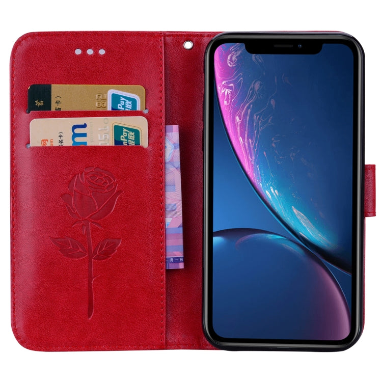 Funda de piel sintética con tapa horizontal y diseño en relieve rosa para iPhone XR, con soporte, ranuras para tarjetas y billetera.