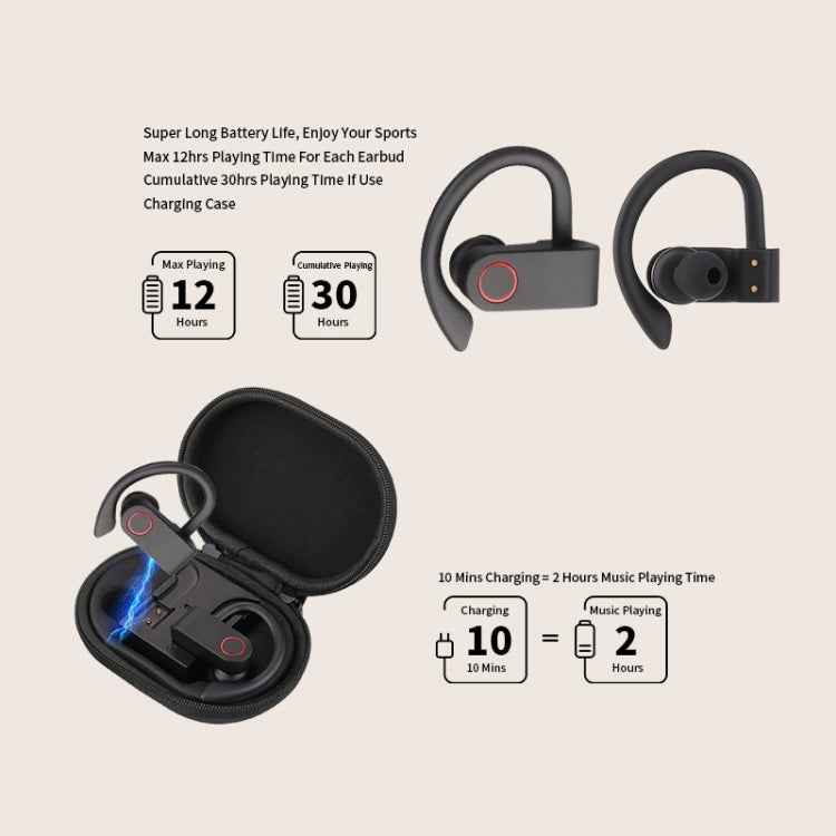 JHO-A9 TWS Wireless Hanging Ear Type Bluetooth Earphone with Charging + Storage Integrated Zipper Bag, Support Voice Control