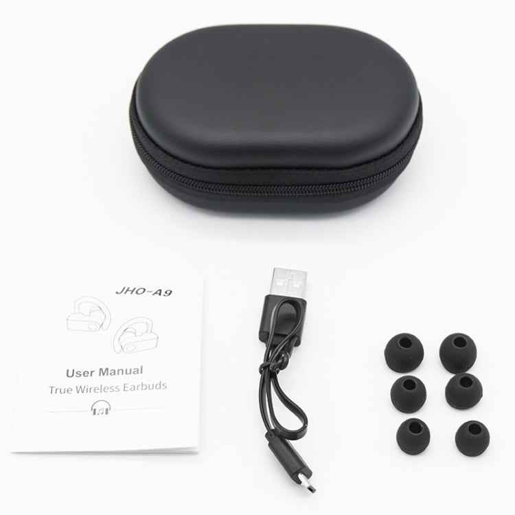 JHO-A9 TWS Wireless Hanging Ear Type Bluetooth Earphone with Charging + Storage Integrated Zipper Bag, Support Voice Control