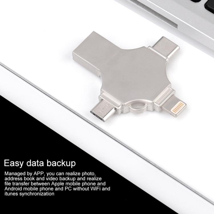 Cross 4 in 1 128GB 8 Pin + Micro USB + USB-C / Type-C + USB 3.0 Metal Flash Disk, 128GB