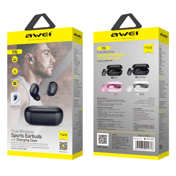 awei T6 TWS Bluetooth V5.0 Ture Wireless Sports Headset with Charging Case
