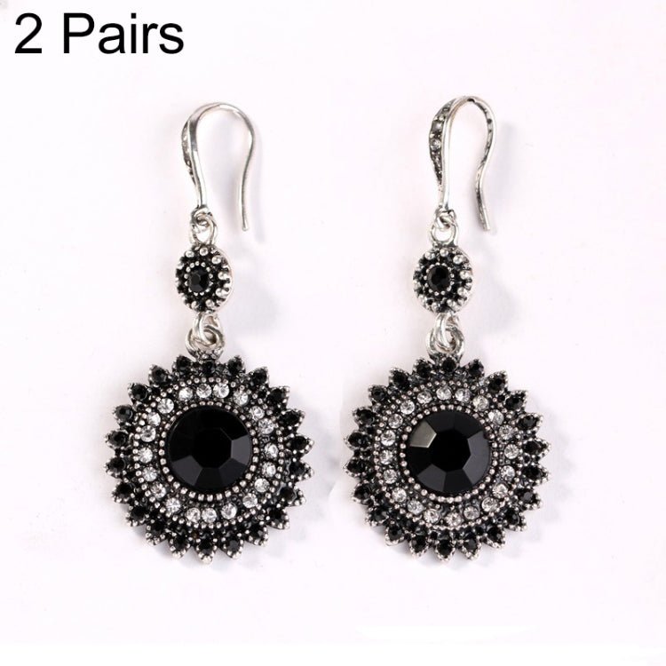 2 Pairs Ethnic Sun Flower Style Rhinestone Earrings Long Earbobs