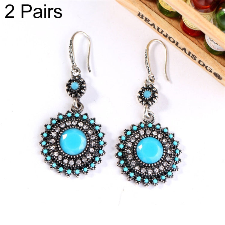2 Pairs Ethnic Sun Flower Style Rhinestone Earrings Long Earbobs