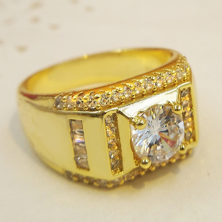 Fashion New Style Gold Plated + AAA Zircon Inlaid Rhinestone Men Diamond Ring, Size: 9, Diameter: 18.9mm, Perimeter: 59.5mm