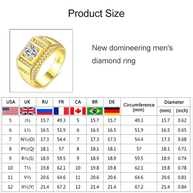 Fashion New Style Gold Plated + AAA Zircon Inlaid Rhinestone Men Diamond Ring, Size: 10, Diameter: 19.8mm, Perimeter: 62.1mm