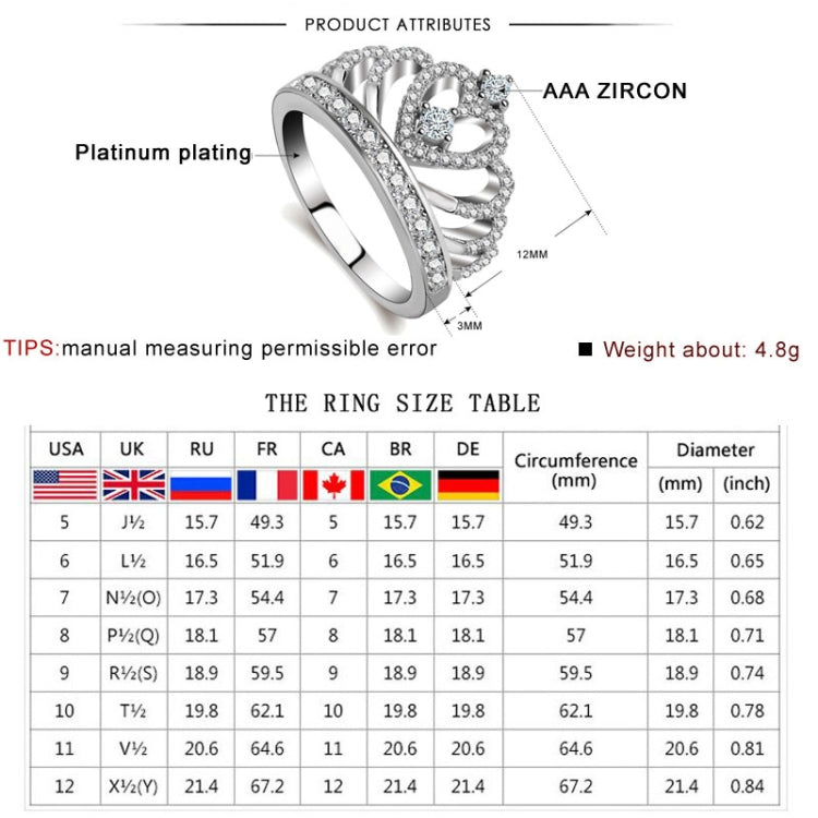 Princess Queen Crown-shaped Platinum Plated Zircon Ring, US Size: 10, Diameter: 19.8mm , Perimeter: 62.1mm