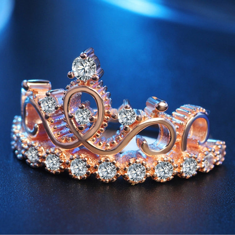 Princess Queen Crown-shaped Rose Gold Plated Zircon Ring, US Size: 8, Diameter: 18.1mm, Perimeter: 57mm