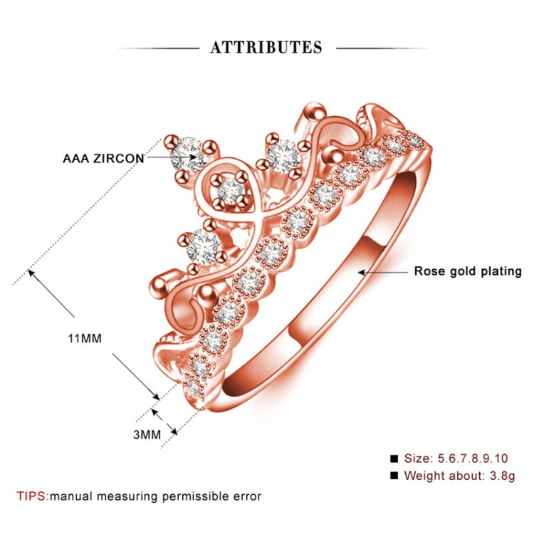 Princess Queen Crown-shaped Rose Gold Plated Zircon Ring, US Size: 10, Diameter: 19.8mm , Perimeter: 62.1mm