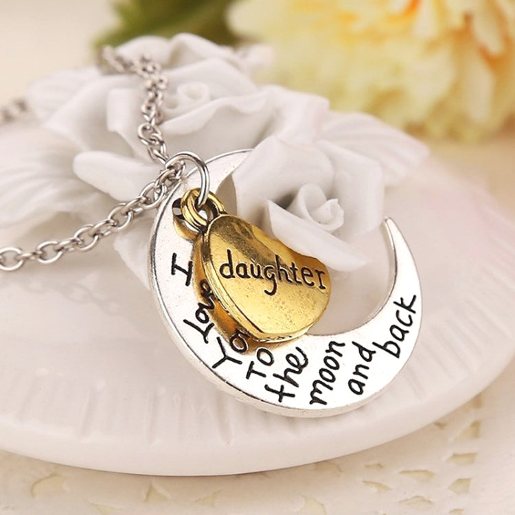 Half-Moon-Shaped Alloy Plated Pendant Necklace With Greetings Engraved At The Backside For Family, Diameter 3cm, Perimeter 9.4cm(Silver+Gold For daughter)