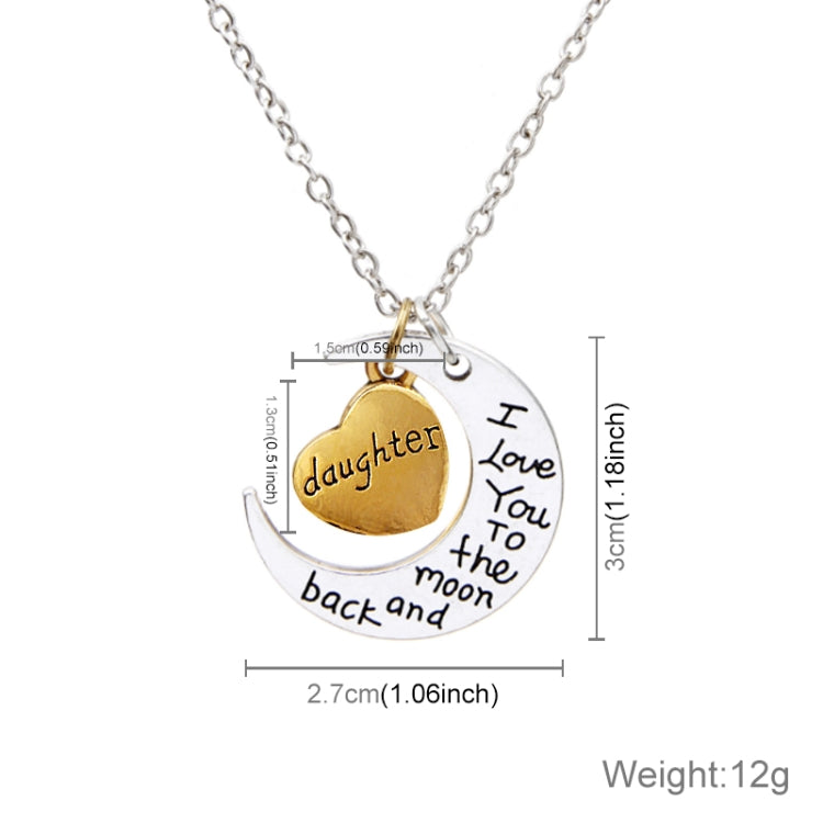 Half-Moon-Shaped Alloy Plated Pendant Necklace With Greetings Engraved At The Backside For Family, Diameter 3cm, Perimeter 9.4cm(Silver+Gold For daughter)