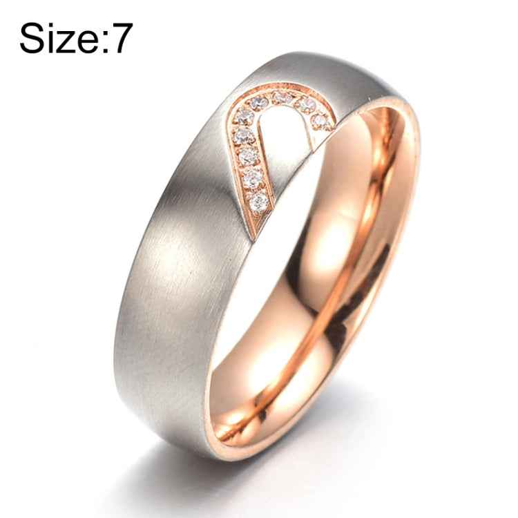 Fashion Rhinestone Love Heart Splice Couples Ring Fine Titanium Steel Ring for Men and Women(Gold with Diamond, US Size: 7)