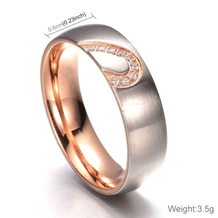 Fashion Rhinestone Love Heart Splice Couples Ring Fine Titanium Steel Ring for Men and Women(Gold with Diamond, US Size: 7)