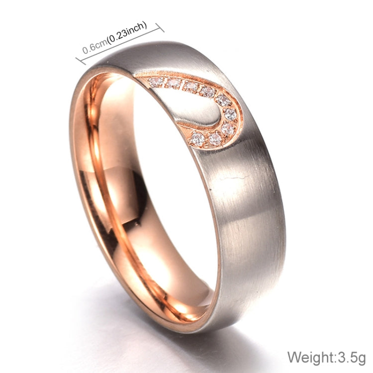 Fashion Rhinsetone Love Heart Splice Couples Ring Fine Titanium Steel Ring for Men and Women(Gold with Diamond, US Size: 8)