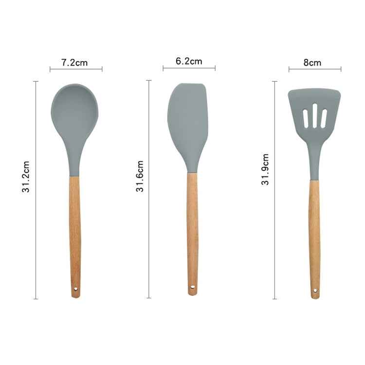 13 in 1 Silicone Wood Handle Heat-resistant Cooking Cutlery Sets Kitchen Tools with Large Container
