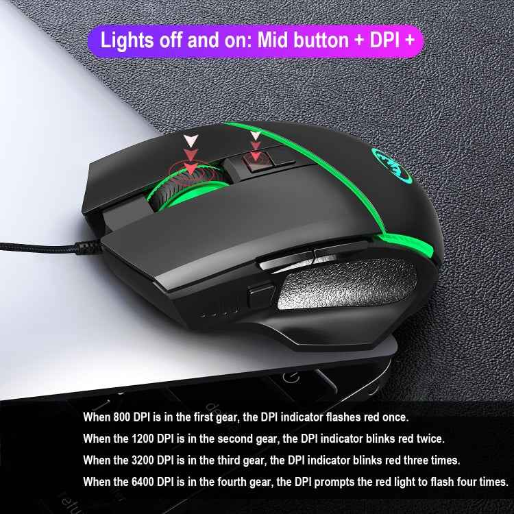 HXSJ A876 Wired Mouse Colorful Synchronous Light Emission 6400dpi Adjustable Light Gaming Mouse, Length: 150cm