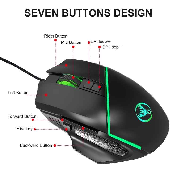 HXSJ A876 Wired Mouse Colorful Synchronous Light Emission 6400dpi Adjustable Light Gaming Mouse, Length: 150cm