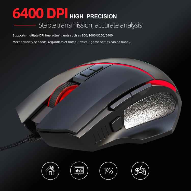 HXSJ A876 Wired Mouse Colorful Synchronous Light Emission 6400dpi Adjustable Light Gaming Mouse, Length: 150cm