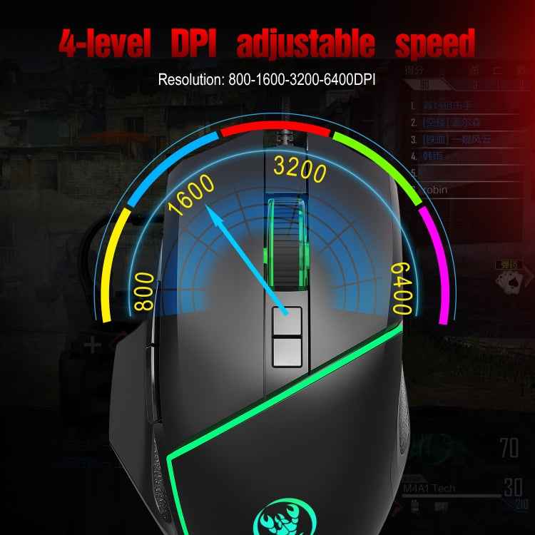 HXSJ A876 Wired Mouse Colorful Synchronous Light Emission 6400dpi Adjustable Light Gaming Mouse, Length: 150cm