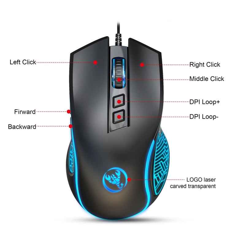 HXSJ X100 7-buttons 3600 DPI Cool Glowing Wired Gaming Mouse, Cable Length: 1.5m