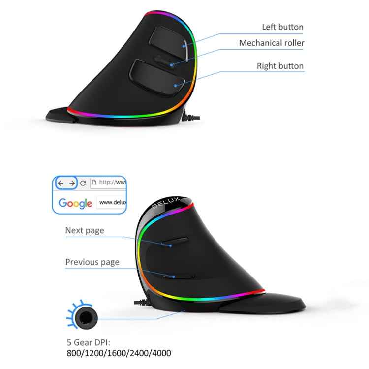 DELUX M618 Plus RGB Wired Optical Mouse Ergonomic Vertical Mouse 4000DPI