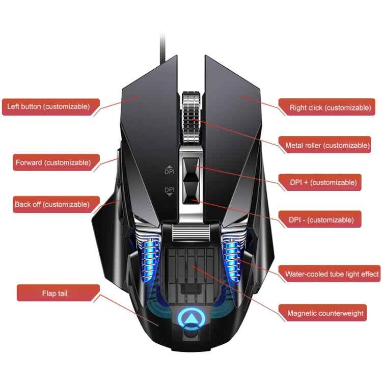 YINDIAO G10 7200DPI 7-modes Adjustable 7-keys RGB Light Wired Metal Mechanical Hard Core Macro Mouse, Style: Audio Version