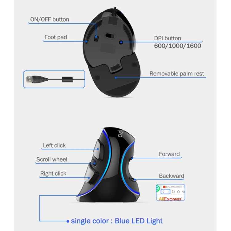 DELUX M618 Plus Wired Blue Version Optical Mouse Ergonomic Vertical Mouse 1600DPI