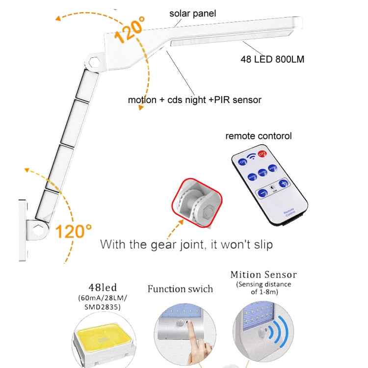 6W 800LM 48 LEDs Solar Remote Control Flat Lamp with Bracket