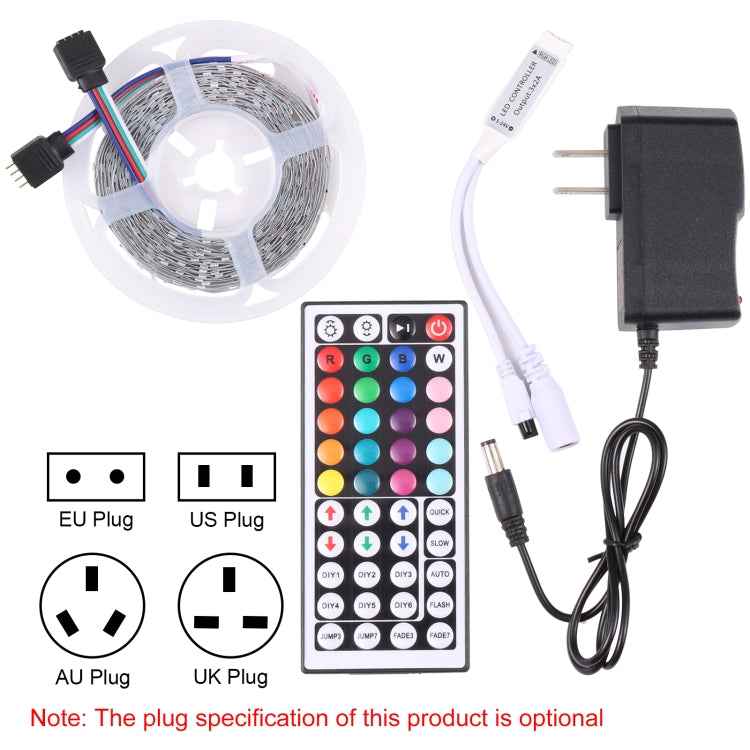 Bare Board 2835 SMD RGB LED Rope Light, 60 LED/m, Length: 5m, 12V 2A 100-240V, with 44-key Remote Control, 2835 SMD RGB LED, 5m, with 44-key Remote Control