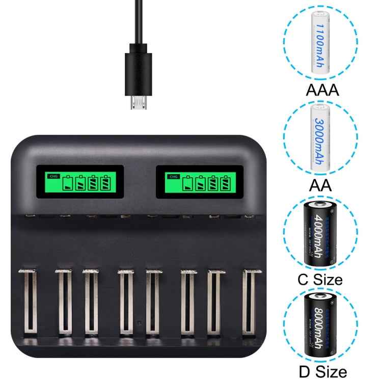 5V 2A USB 8 Slot Battery Charger for AA & AAA & C / D Battery, with LCD Display