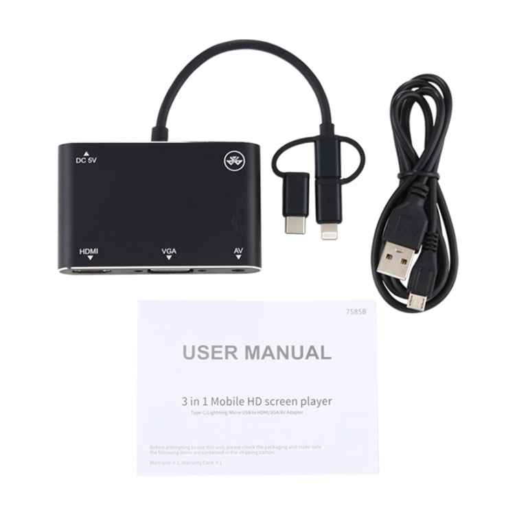 3 in 1 8 Pin + Micro USB + Type-C to AV + HDMI + VGA 15 Pin HD Screen Player Adapter Converter with Audio