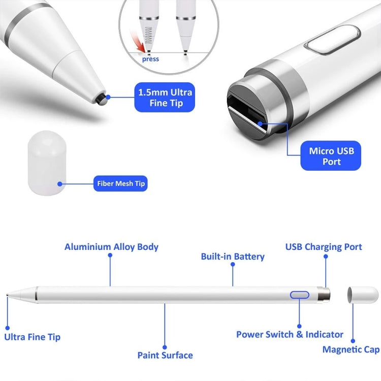 Pencil Universal Rechargeable Active Capacitive Stylus Pen with Magnetic Cap, Pencil Black, Pencil White