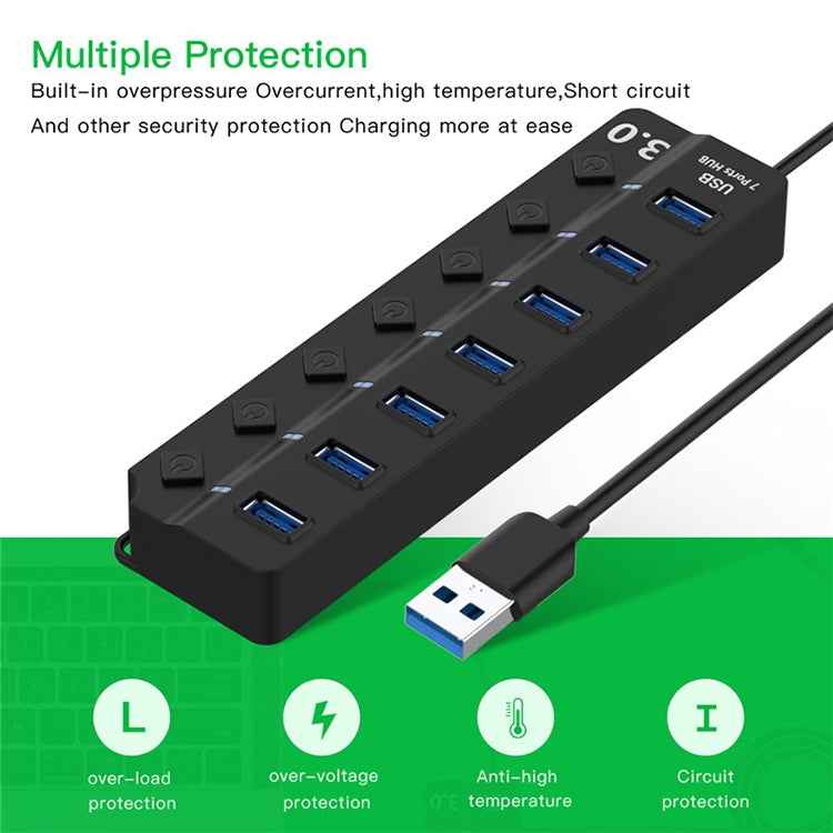 7 Ports USB 3.0 High Speed Multi Hub Expansion with Switch for PC & Laptop