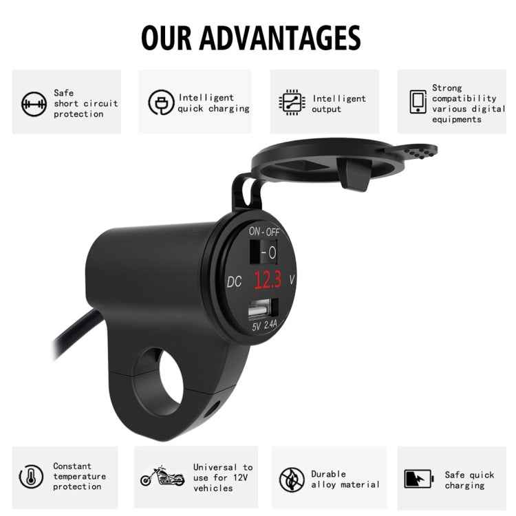 ZH-975A1 Motorcycle Aluminum Alloy Waterproof Mobile Phone Single USB Charger with Red Voltmeter, ZH-975B1, ZH-975A1
