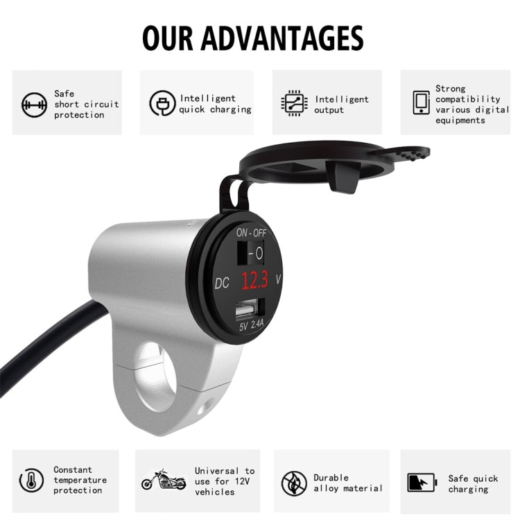 ZH-975A1 Motorcycle Aluminum Alloy Waterproof Mobile Phone Single USB Charger with Red Voltmeter, ZH-975A1