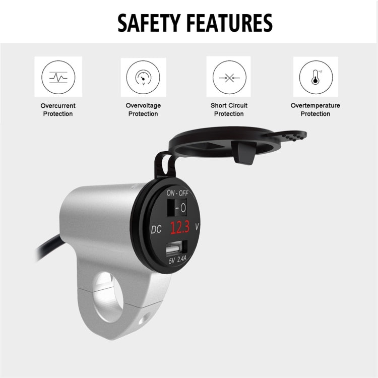 ZH-975A1 Motorcycle Aluminum Alloy Waterproof Mobile Phone Single USB Charger with Red Voltmeter, ZH-975A1