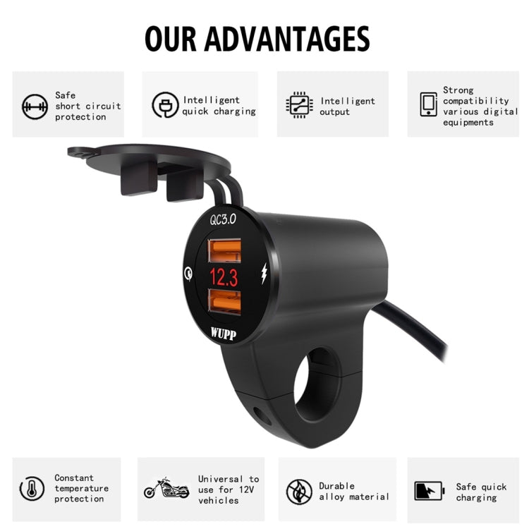 WUPP ZH-975A3 Motorcycle Aluminum Alloy Waterproof Mobile Phone Double QC3.0 Quick Charging Charger with Voltmeter