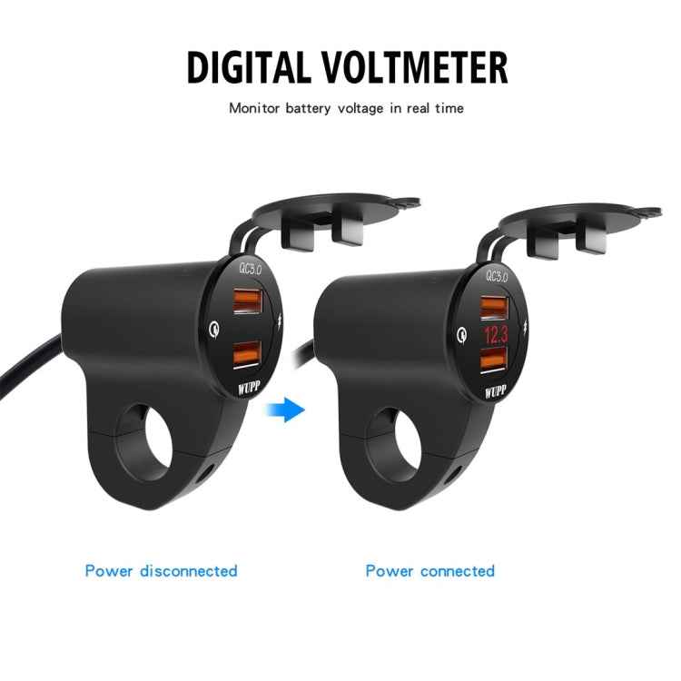 WUPP ZH-975A3 Motorcycle Aluminum Alloy Waterproof Mobile Phone Double QC3.0 Quick Charging Charger with Voltmeter, ZH-975B3, ZH-975A3