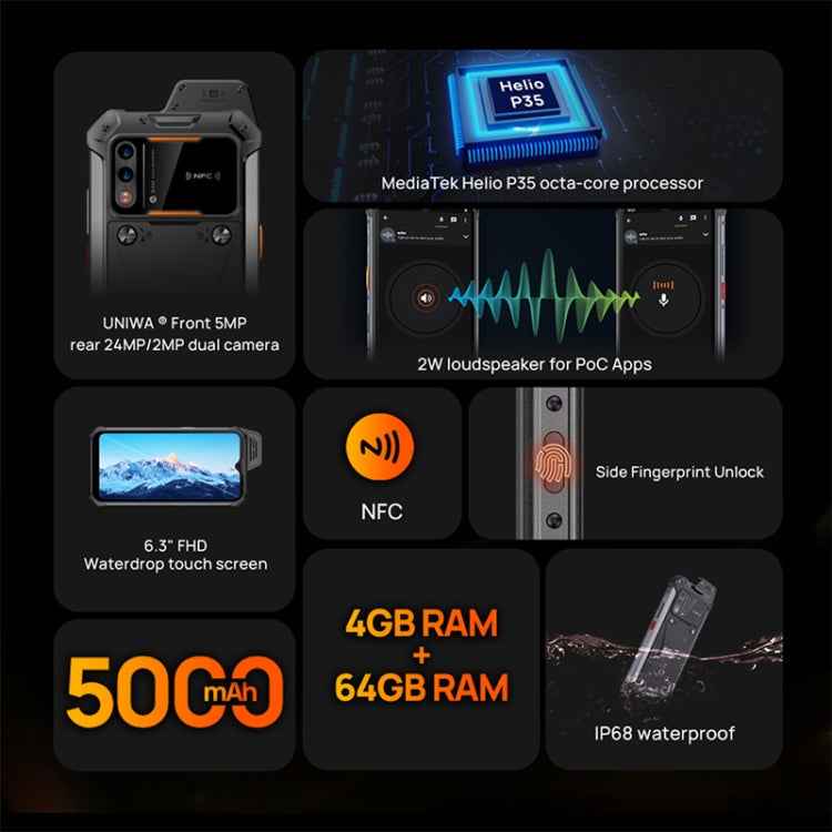 IP68 Waterproof Dustproof Shockproof, 5000mAh Battery, 6.3 inch Android 11 MTK6765 Helio P35 Octa Core up to 2.35GHz, Network: 4G, NFC, OTG