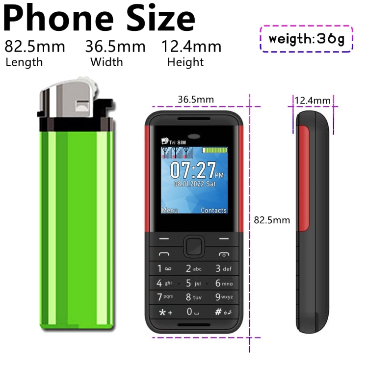 1.33 inch, MTK6261D, 21 Keys, Support Bluetooth, FM, Magic Sound, Auto Call Record, GSM, Triple SIM