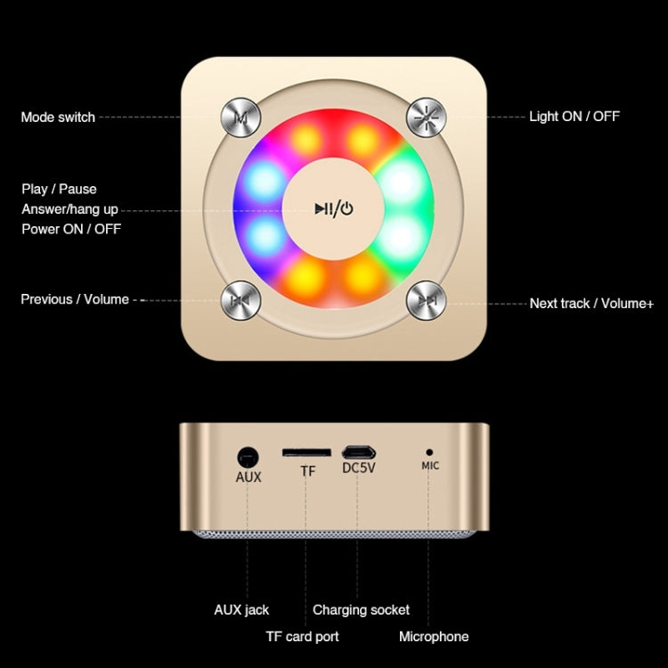 A9 Portable Bluetooth Stereo Speaker with Built-in MIC & Light, Support Hands-free Calls & TF Card & AUX IN, Bluetooth Distance: 10m, with Light(Black), with Light(Rose Gold), with Light(Gold)