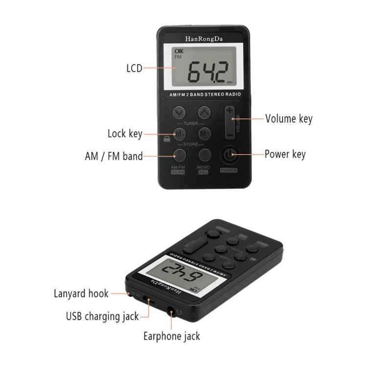 Portable AM / FM Two Bands Rechargeable Stereo Radio Mini Receiver with & LCD Screen & Earphone Jack & Lanyard